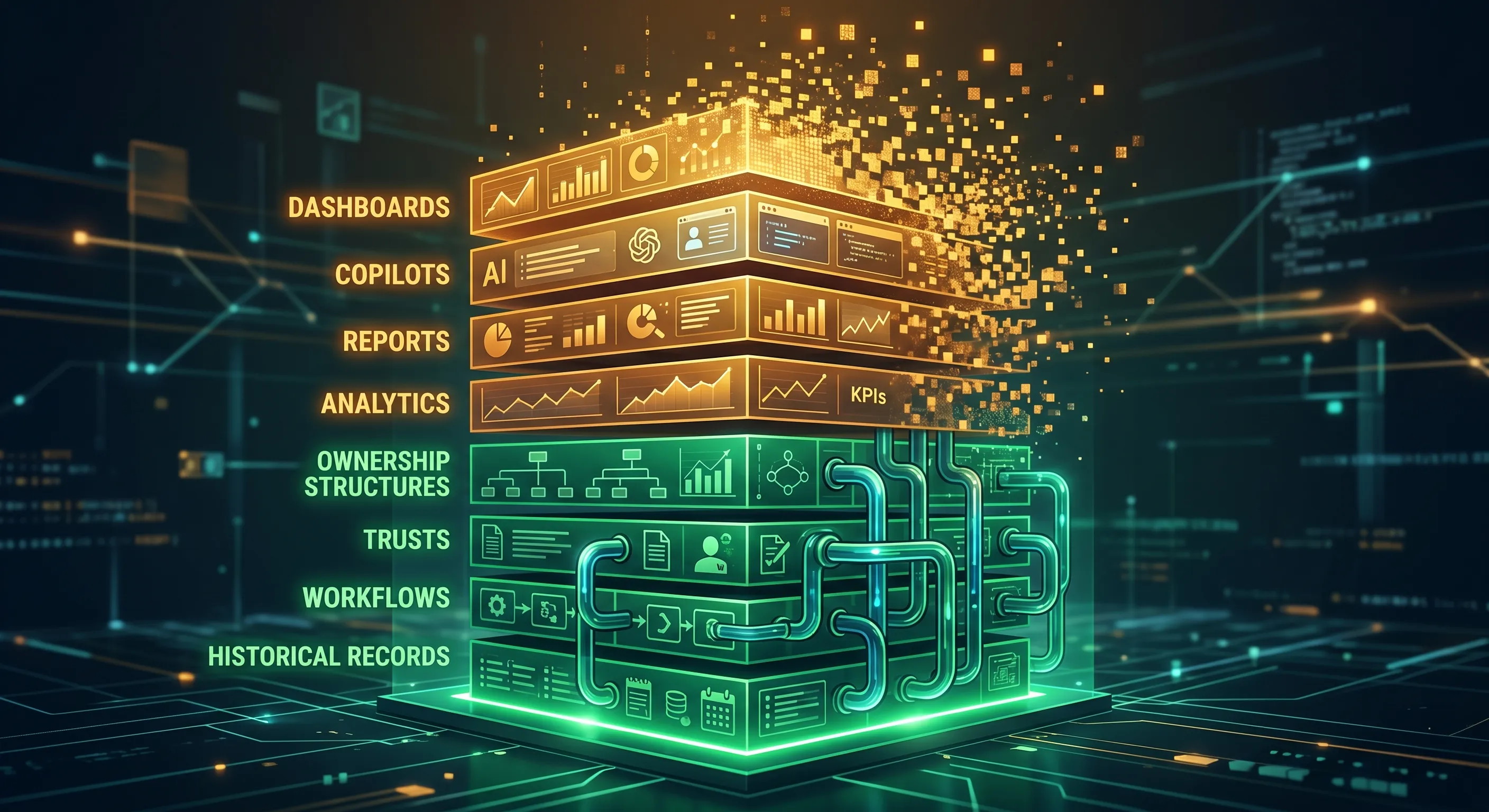 A layered wealth-tech stack, upper layers dissolving into pixels